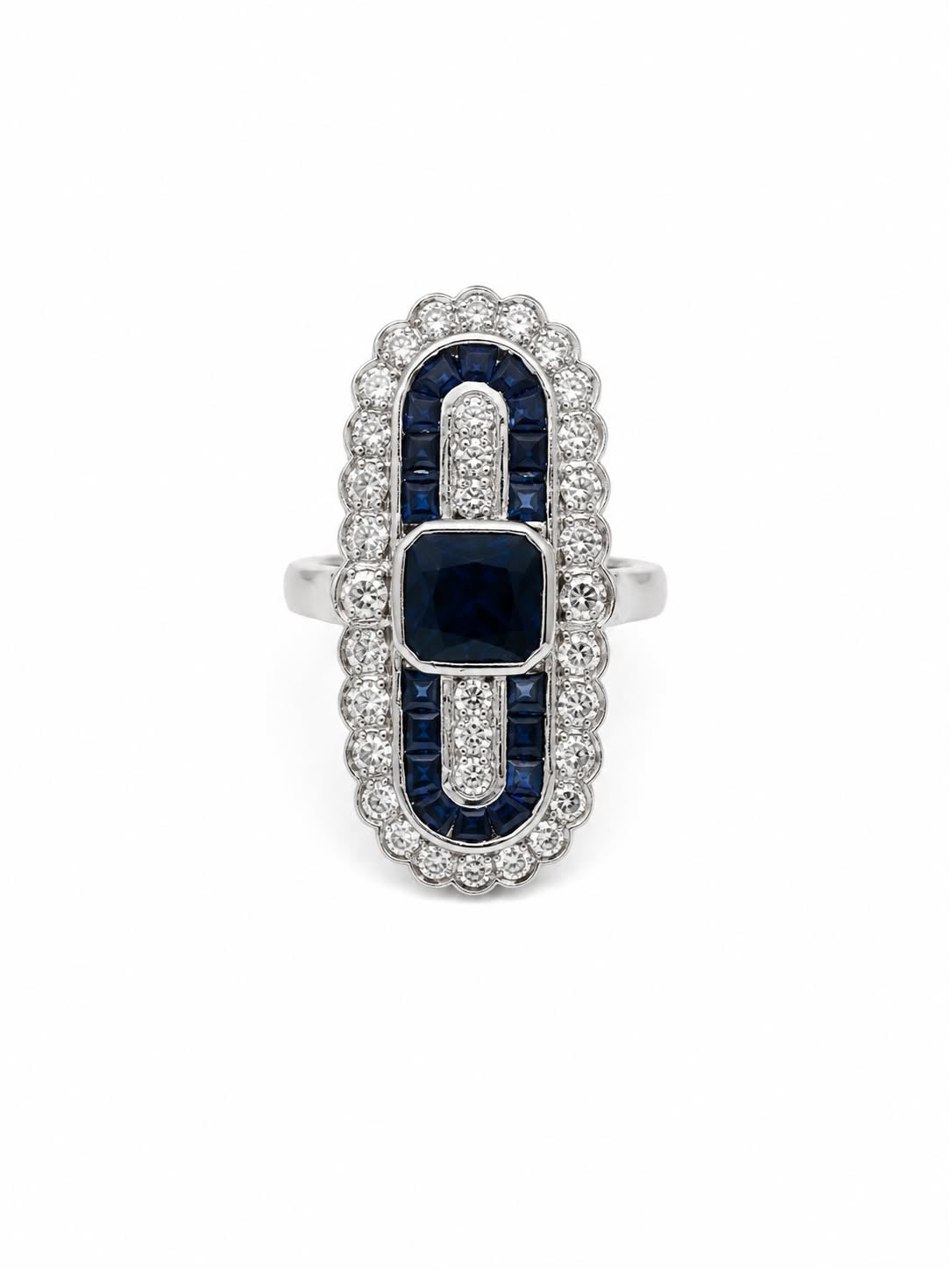 Art Deco Kalibre Safir ve Pırlanta Taşlı Yüzük